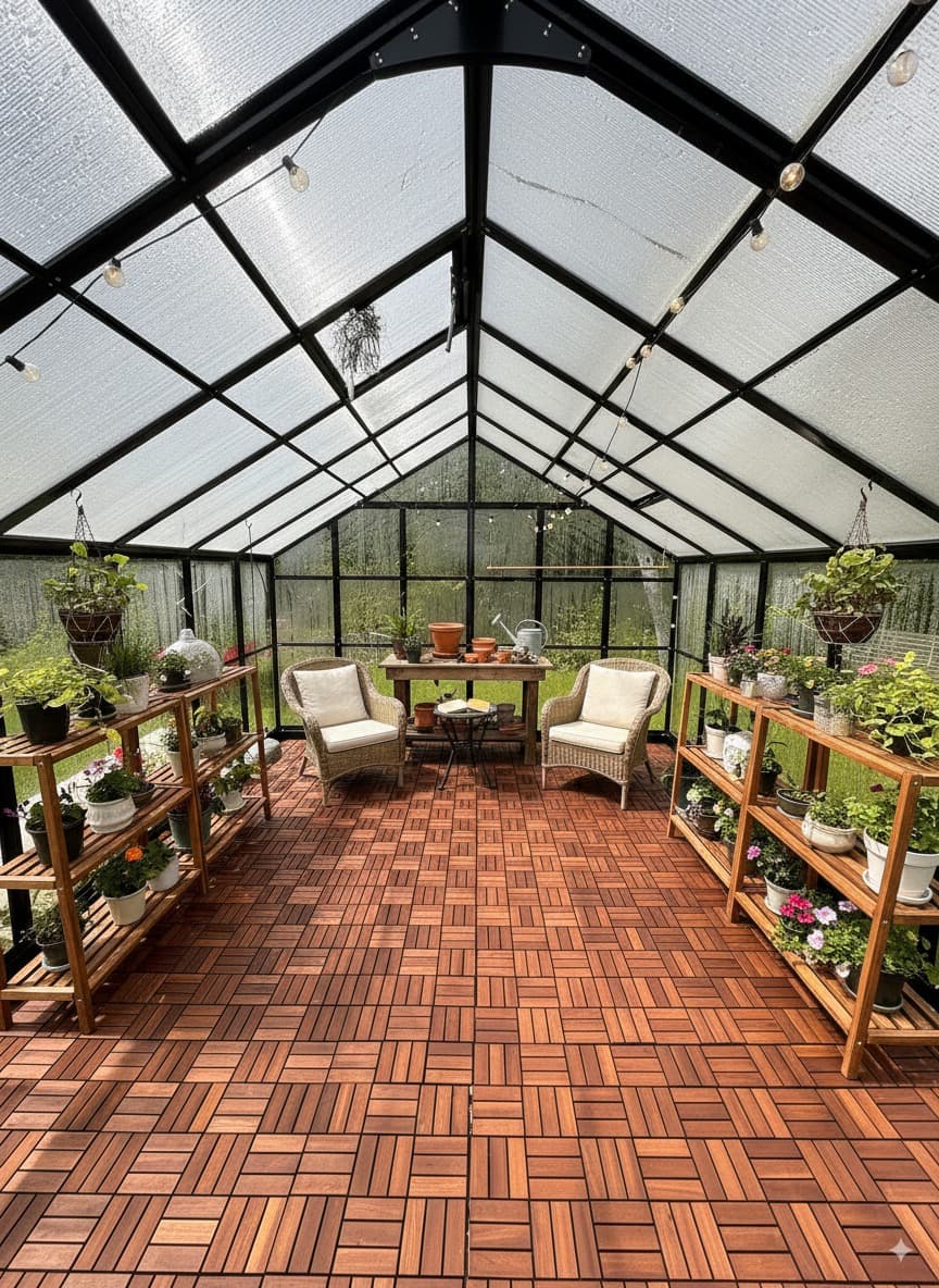 Drivhus greenhouse interior furnished with wicker chairs, table, string lights and potted plants